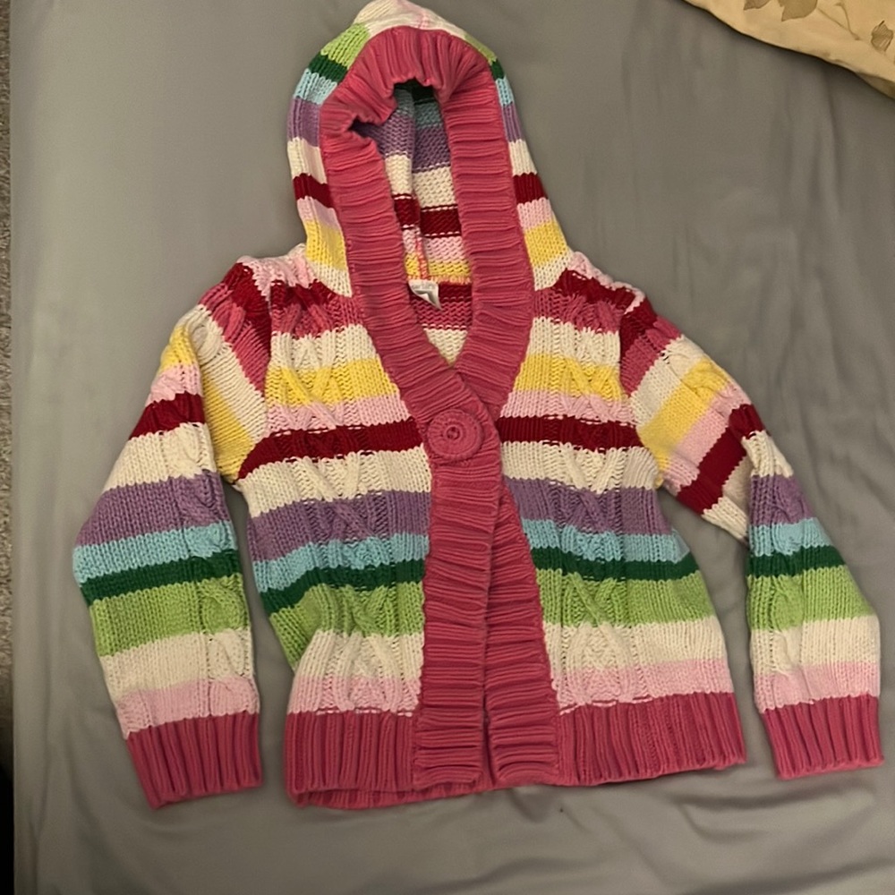 Adorable hooded multi color sweater with hood.